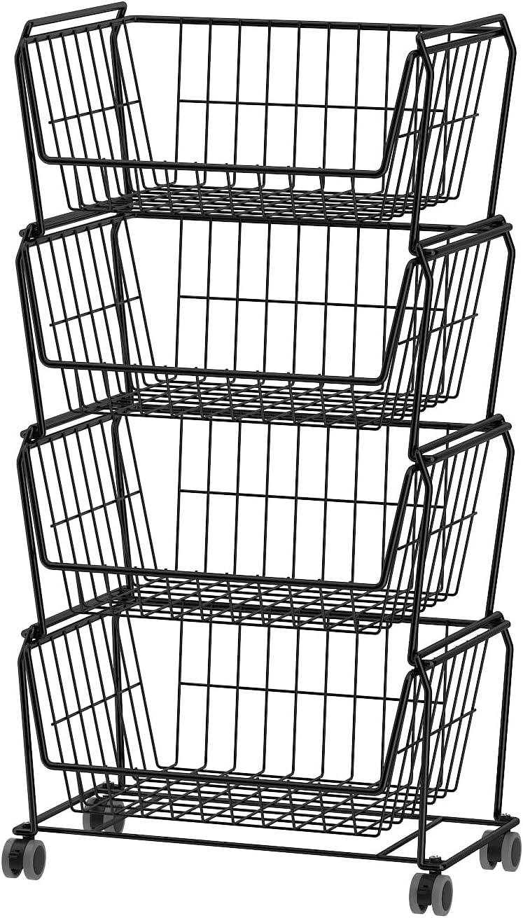 PUSDON 6-Tier Tall Stackable Wire Storage Baskets with Wheels, Vertical Metal Rolling Utility Cart, High Capacity Produce Basket for Kitchen Pantry, Snack Organizer, Matte Black