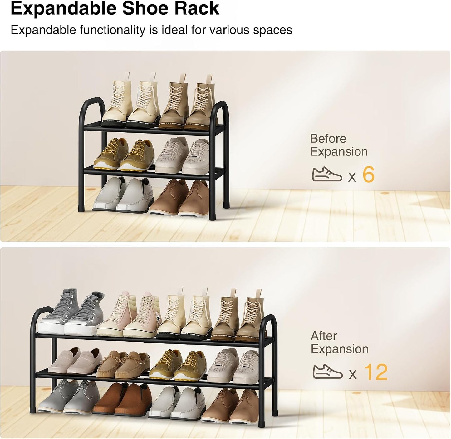 STO STO Expandable Shoe Rack, 3-Tier Metal Small Shoe Rack for Closet, Up to 16 Pairs Adjustable Shoes Racks Storage for Front Door Entrance, Free Standing Shoes Rack Organizer for Entryway, Black