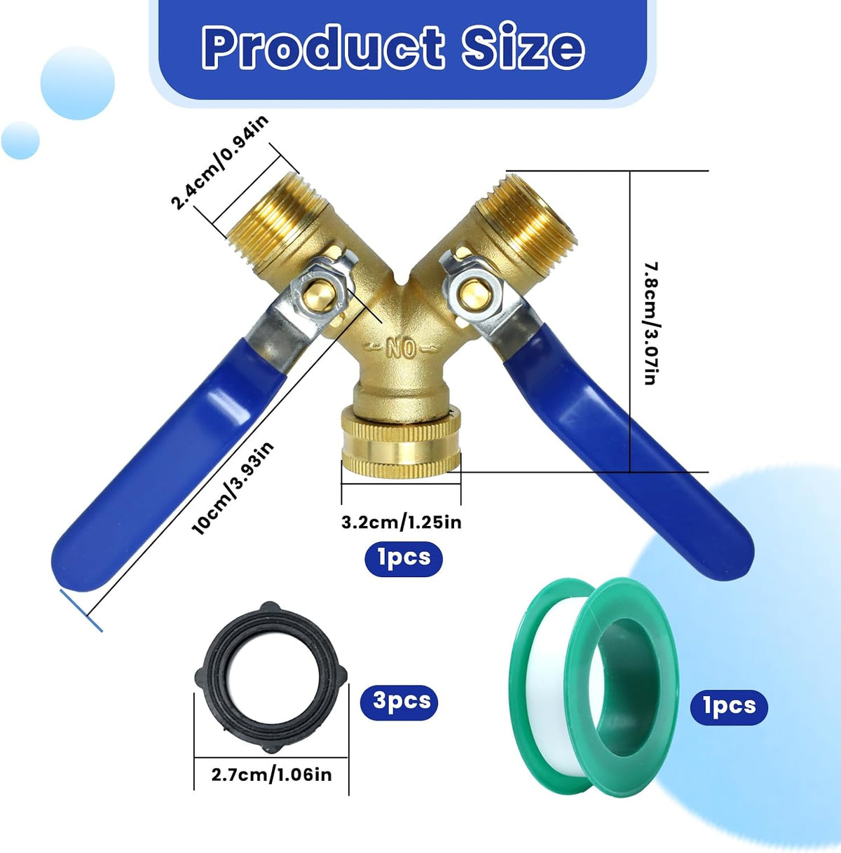 Garden Hose Y Valve Splitter Brass Hose Splitter, 3/4" GHT Thread 2 Way Heavy Duty Valve Water Garden Hose Tap Adapter, Long Handle Outdoor Full Flow Hose Splitter Connector