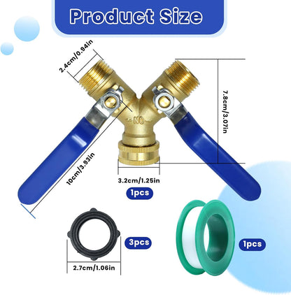 Garden Hose Y Valve Splitter Brass Hose Splitter, 3/4" GHT Thread 2 Way Heavy Duty Valve Water Garden Hose Tap Adapter, Long Handle Outdoor Full Flow Hose Splitter Connector