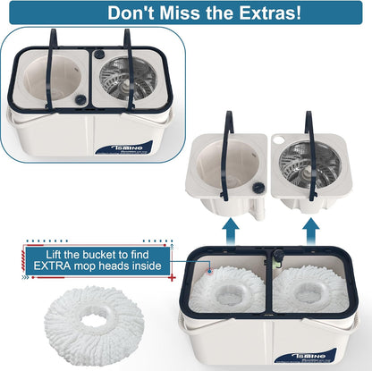 Spin Mop for Large Homes & Big Floor Cleaning, Clean & Dirty Water Separation Mop Bucket for Family & Pet Homes,4-Chamber System, Glide Wheels, Safe for Hardwood & Tile, Adjustable Handle, 6 Mop Heads
