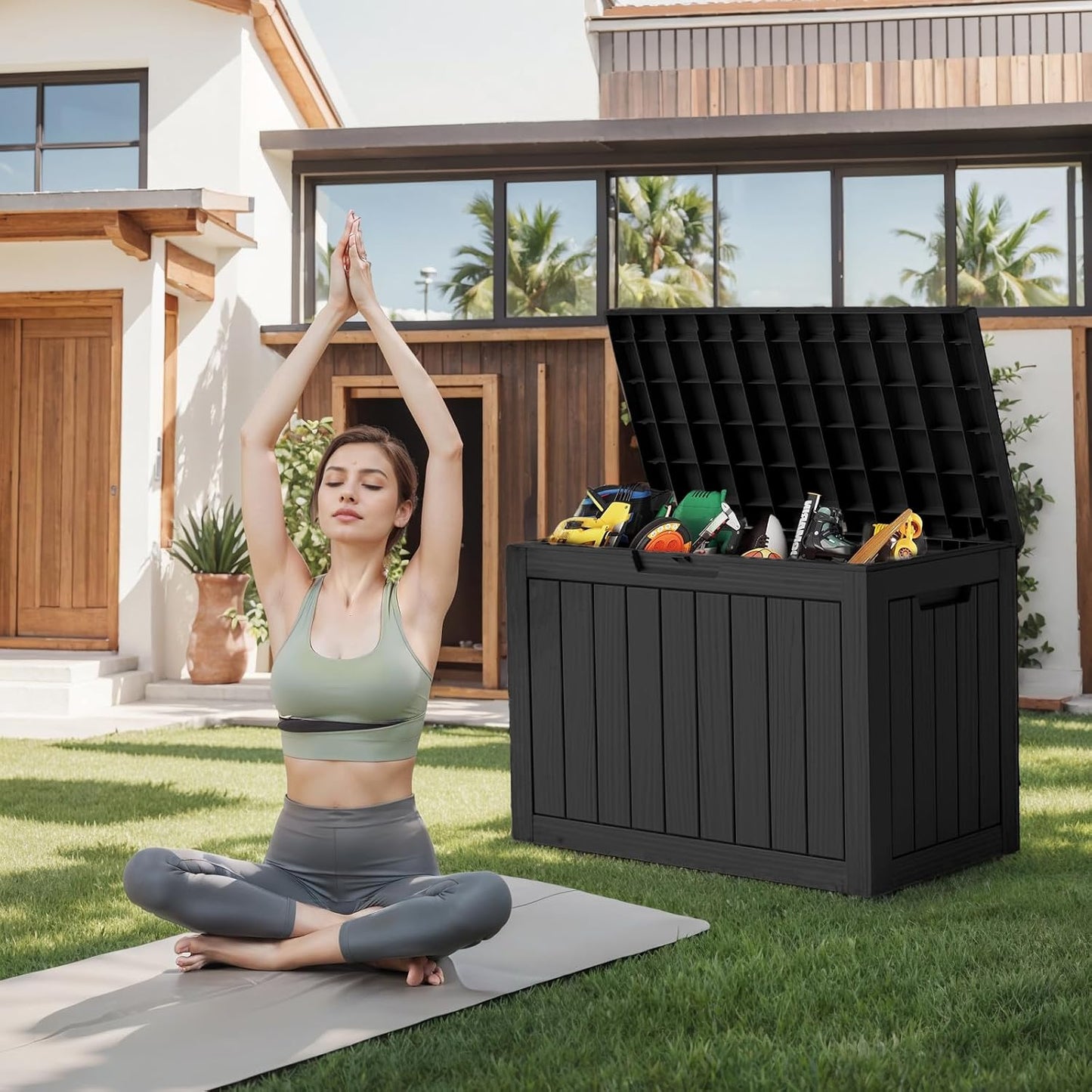 DRATO 180 Gallon Outdoor Storage Box, Large Waterproof Deck Box, Lockable Resin Storage Container with Reinforced Support for Patio Cushions, Garden Tools, UV-Resistant Outdoor Chest（Black，180 Gallon）