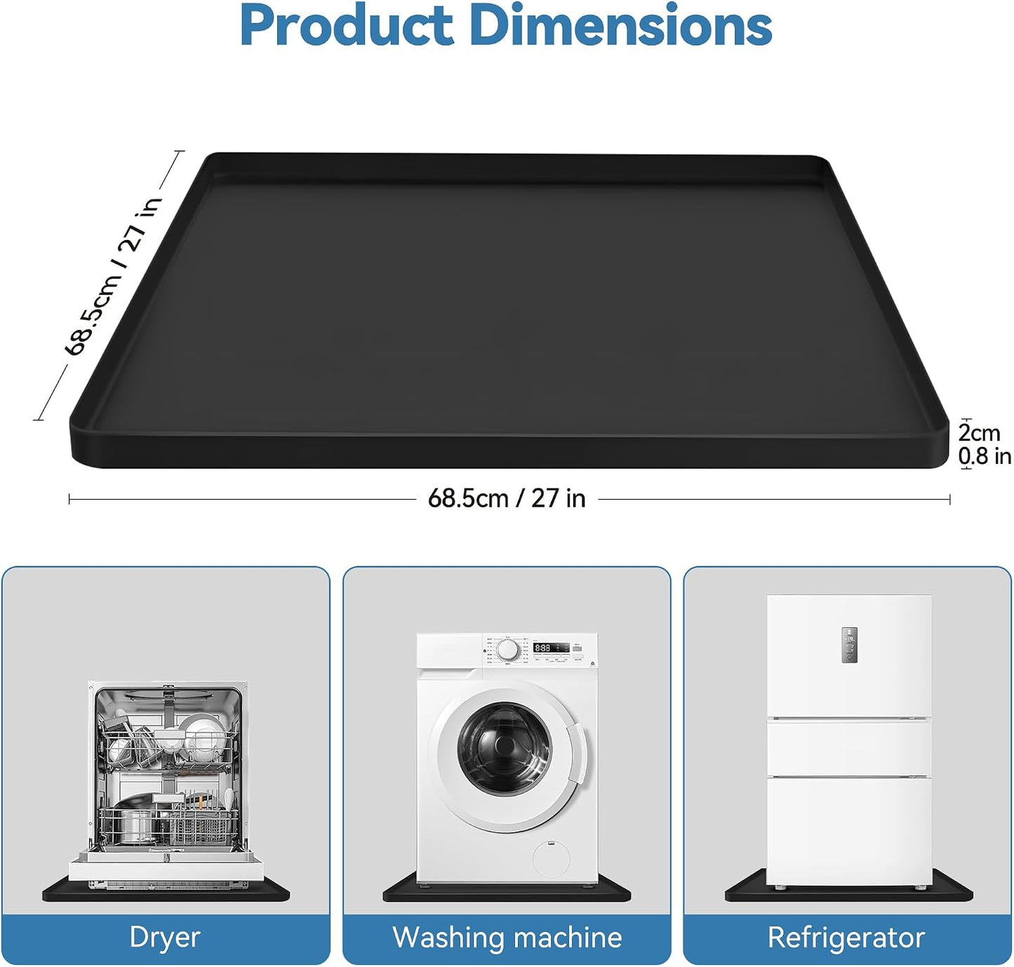 Washing Machine Drain Pan– Duty Waterproof Washing Machine Tray with Raised Edge, Washer Tray for Floor Protection, Topper Protector Mat for Washers & Dryers (Black, 27''x27''-1pcs)
