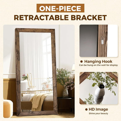 Solid Wood Full Length Mirror - 65"x22" Arched Floor Mirror, Free Standing & Wall Mounted - Elegant Design for Bedroom, Dressing Room, Hallway, Brown