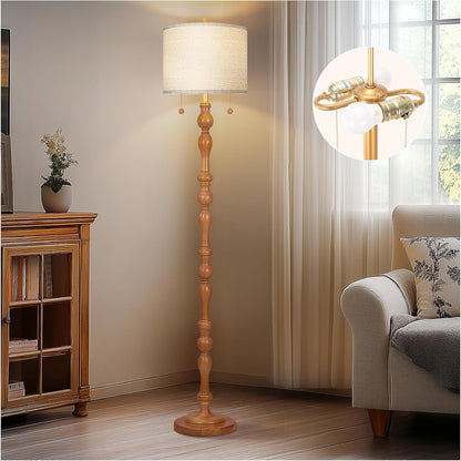 Scenekoy 65.5” Natural Real Wood Floor Lamp for Living Room Bedroom, Dual S Cluster Socket, Pull Chains Switch, Farmhouse Tall Standing Lamp with Linen Shade for Home Room Decor (Bulbs Included)