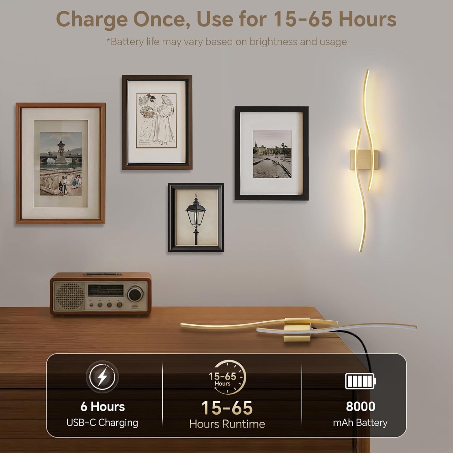 Battery Operated Wall Sconce Set of 2, Dimmable Modern LED Wireless Wall Light with Remote Control, Sconce Wall Decor for Living Room, Hallway, Quick Install, No Electrician Required