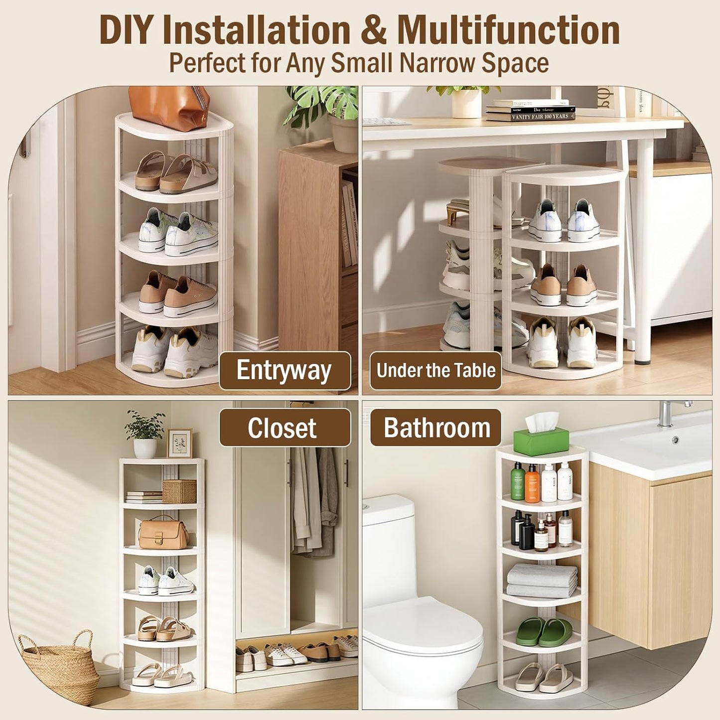 NestOrganix 10 Tier Vertical Shoe Rack, Stackable Narrow Shoe Rack Organizer for Entryway Closet Corner, Free Standing Shoe Rack Tower Shelf, Space Saving, Curved, Off White
