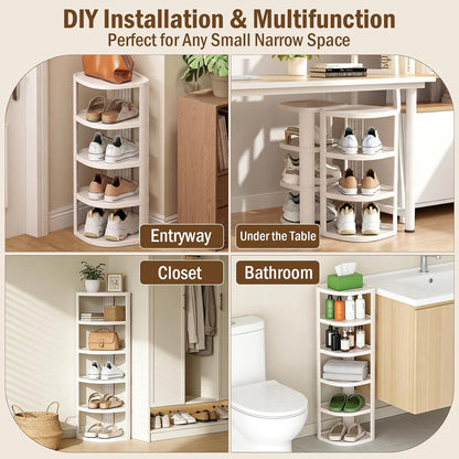 NestOrganix 10 Tier Vertical Shoe Rack, Stackable Narrow Shoe Rack Organizer for Entryway Closet Corner, Free Standing Shoe Rack Tower Shelf, Space Saving, Curved, Off White