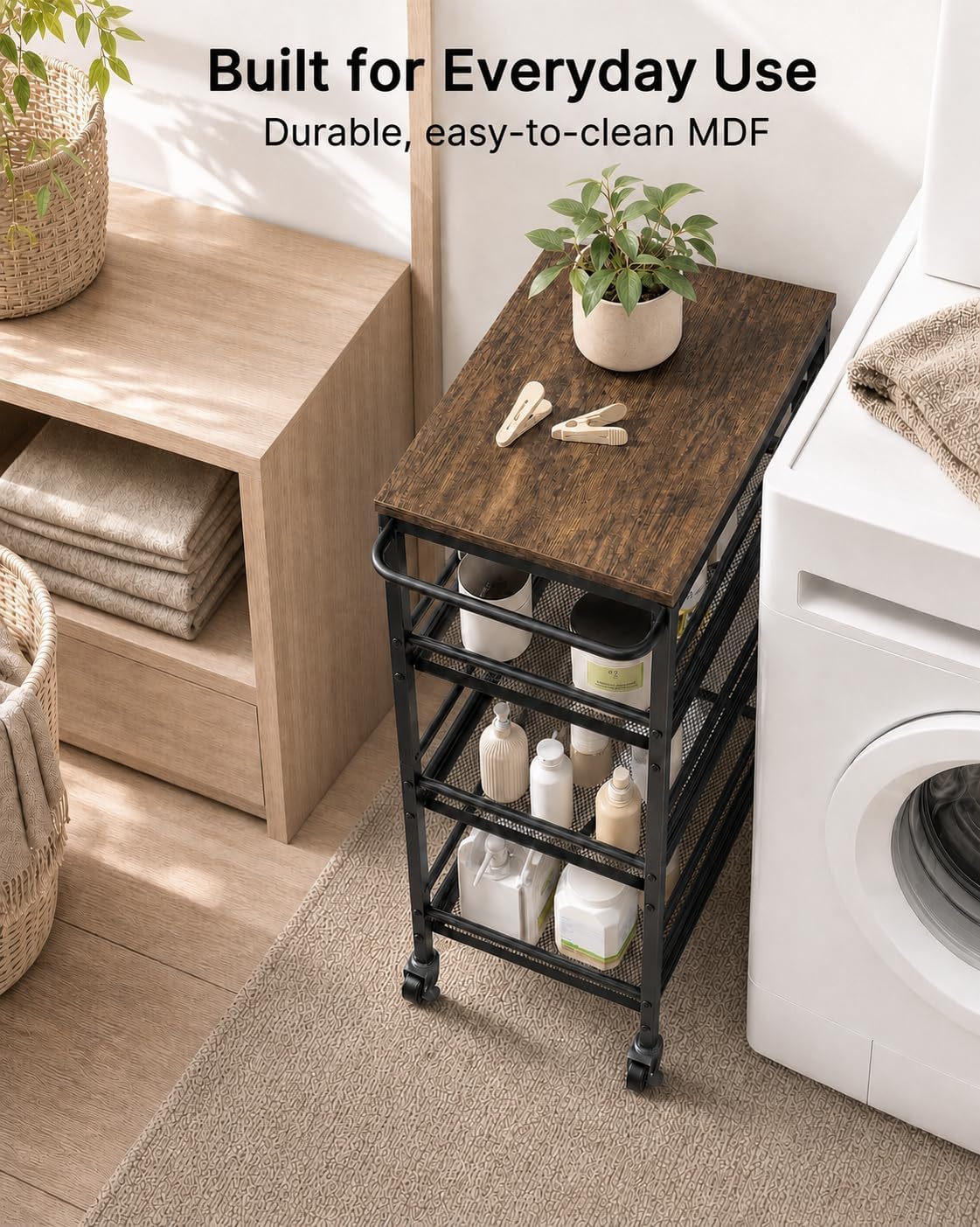Pipishell Slim Storage Cart with Wheels - 4 Tier Rolling Kitchen Storage Cart with Handle and Wood Top, Metal Slim Bathroom Cart for Laundry Room, Bathroom, Kitchen, Narrow Space, Black & Rustic Brown
