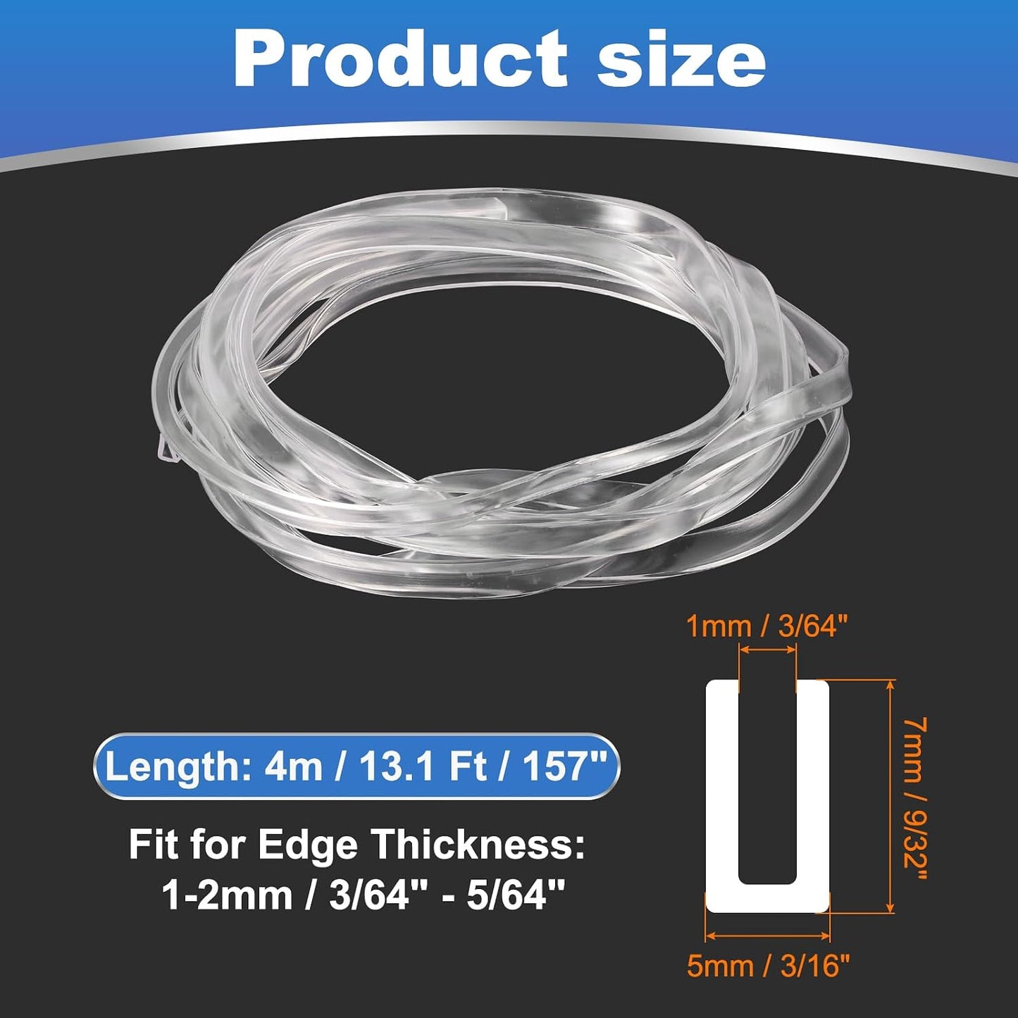 PATIKIL U Channel Rubber Edge Trim, (13.1 ft Long x 3/16" Width, 3/64" Slot for 3/64"-5/64" Thick Edge), Flexible Clear Rubber Seal Strip Protector, Suit for - Glass Tables/Metal Sheet
