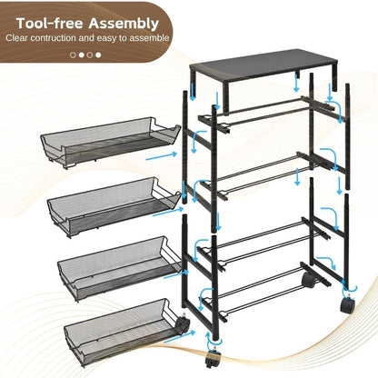 IBERG 5 Tier Slim Storage Cart with Wheels and Pull Out Baskets (Black)