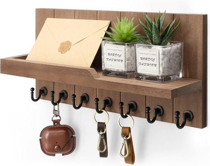 Rebee Vision Decorative Key Holder Wall Mount - Rustic Key Holder for Wall with Shelf and Mail Organizer for Living Room Decor - Home Essentials for Home Improvement (Brown, 3.54" x 10" x 7.28")