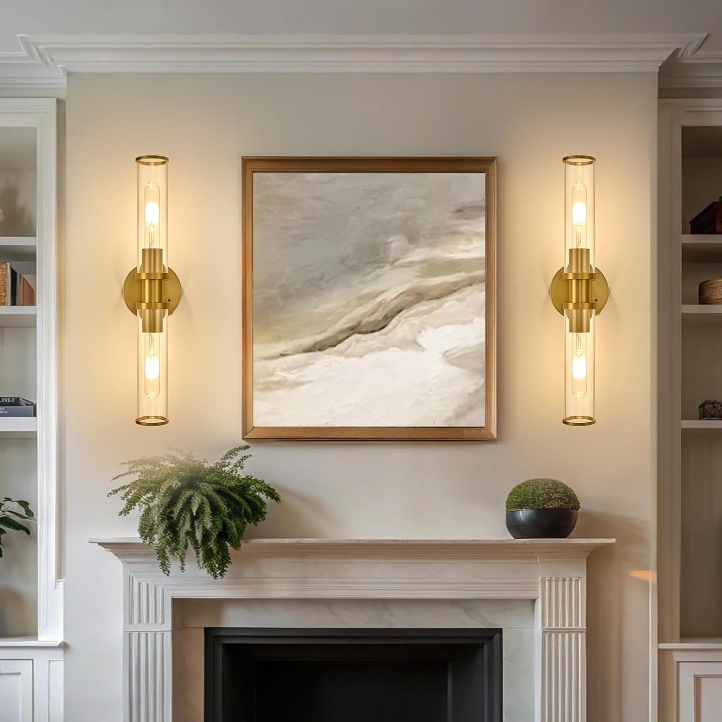 Wireless Wall Sconces with Remote Control, Battery Operated Wall Sconce Set of 2 with Timer, Gold Rechargeable Dimmable Glass Wall Lights for Living Room Bedroom Hallway Entryway 3000K, 20.5 Inch