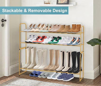 AOODA Long 3 Tier Metal Shoe Rack for Closet Wide Stackable Shoe Storage Organizer for Entryway, Bedroom, Floor, 24-Pairs Men Sneakers Shoe Shelf with Wire Grid, Black