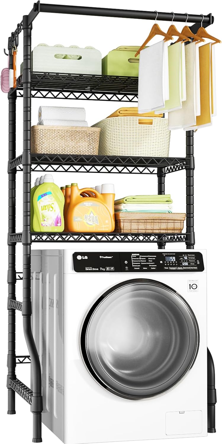 Ulif U11 Over Washer and Dryer Shelves, 3 Tiers Laundry Room Storage and Organizer Standing Shelf, Metal Freestanding Clothes Drying Rack, 33.9" W x 19.7" D x 77.6" H, Black