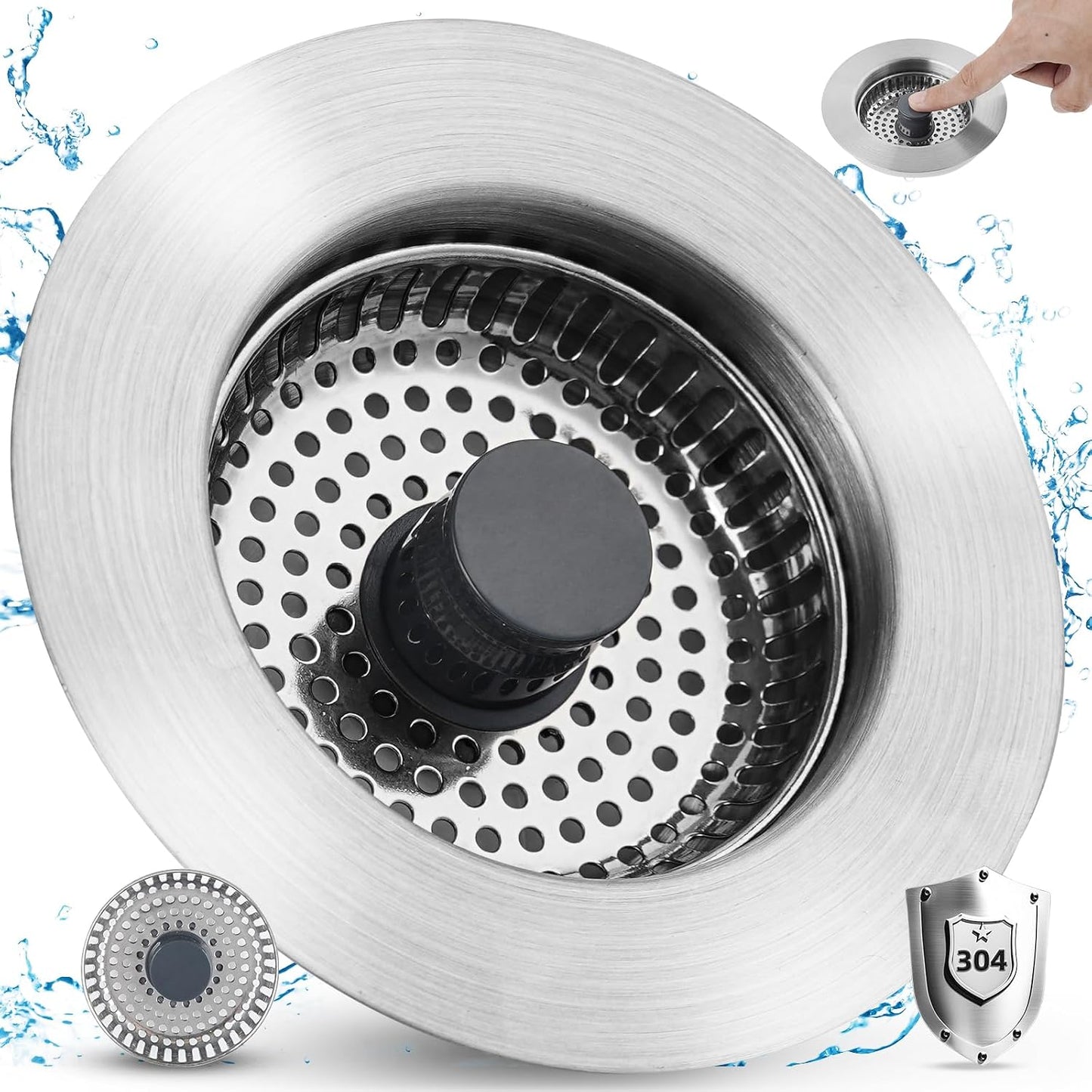 All Metal Sink Drain Strainer for Kitchen Sink, Universal Fit | Pop Up 3-in-1 Sink Stopper Drainer, 304 Stainless Steel Basket for US Standard 3-1/2 inch Drain Filter, Anti-clog
