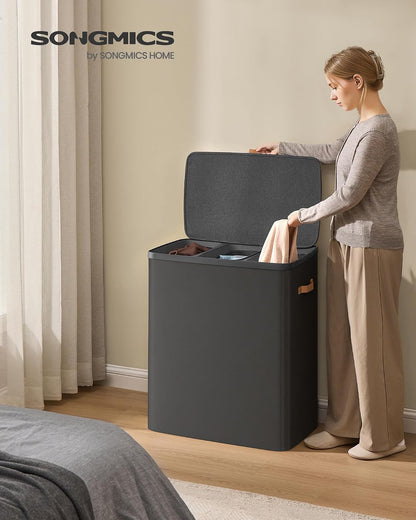SONGMICS Laundry Basket, 50.2 Gal. Laundry Hamper, 3 Compartments, Easy Assembly, with Lid and Handles, Removable Liners, 25.2 x 15.7 x 29.5 Inches, Cappuccino Beige ULCB814LH01