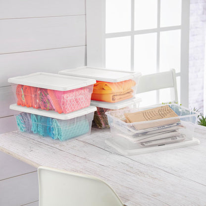 Sterilite 6 Pack Storage Box, 41 Quart Stackable Tote, Clear Plastic Container with Secure Snapping White Lids for Home and Office Organization