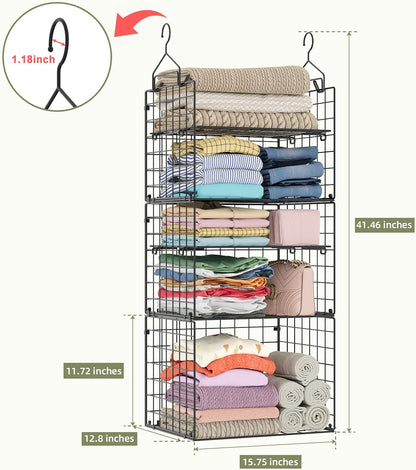 X-cosrack Closet Hanging Organizer Shelves - 5 Tier Wardrobe Organizers and Storage Bin, Hanging Organizer Shelves, Clothes Shelf with Adjustable Dividers for Bedroom Closet Sweater Shoes Handbag
