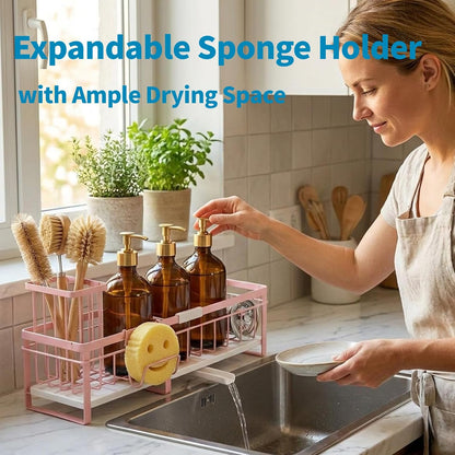 Aurblozen Extra Large Extendable Sponge Holder for Kitchen Sink, Rustproof Sink Caddy Organizer with High Brush Holder, Dish Soap Dispenser Organizers and Storage (Black)