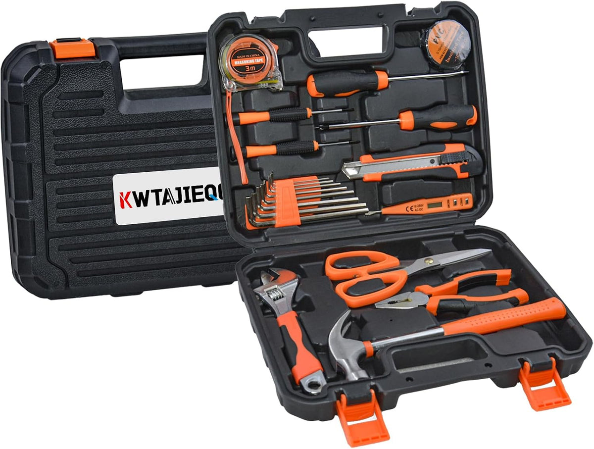 Tool Kit Basic Home Repair Tool Set,General Household Tool Kit with Plastic Tool box,Perfect for Outdoor working,Office & College Dorm.Tools mainly include hand saw,wrench,hammer,Screwdriver