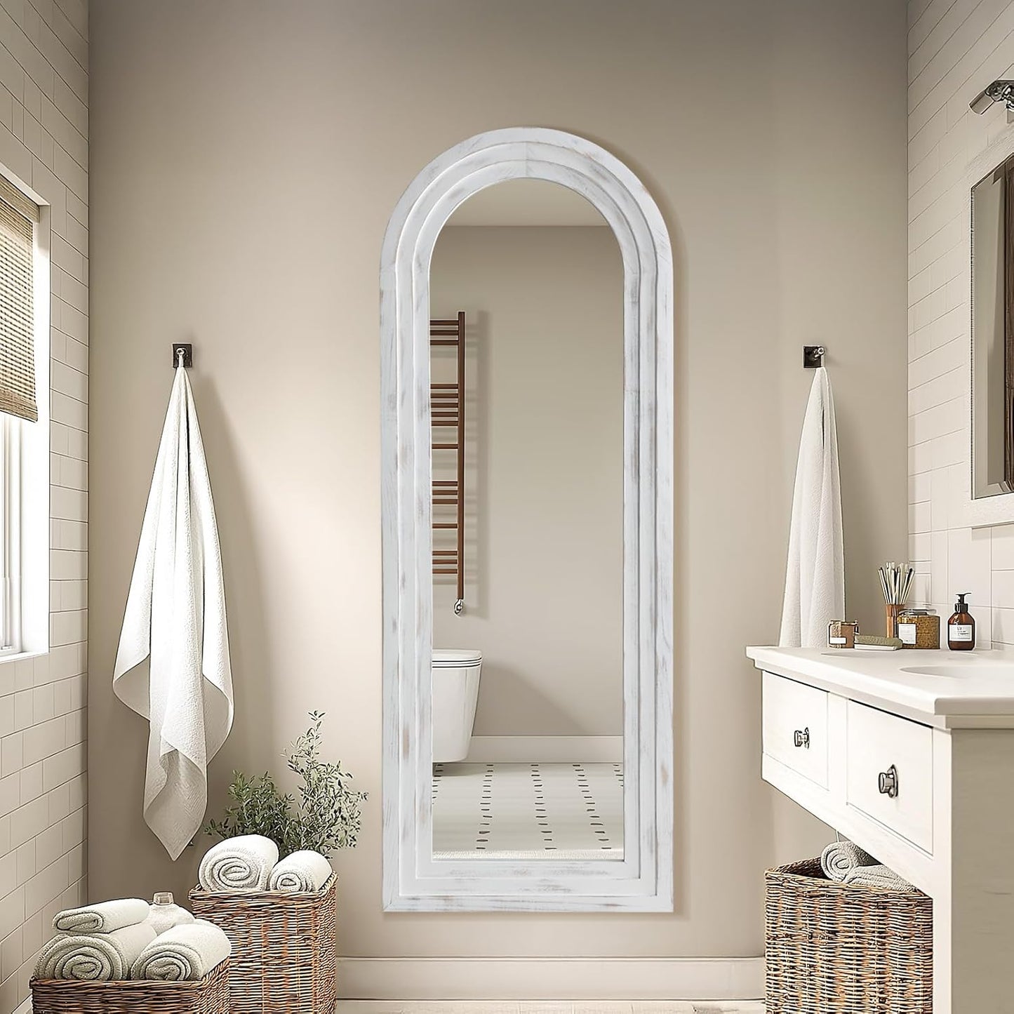 MELOMOIR Arched Full Length Mirror with Solid Wood Frame, 56"x21" Rustic Farmhouse Floor Mirror with Stand, Free Standing Leaning Hanging, for Bedroom Living Room Dressing Room Entryway, Brown