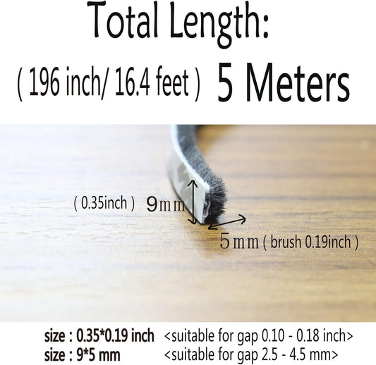 Self-Adhesive Pile Weather Stripping Seal for Sliding Windows and Door Frames, 16.5ft x 11/32 inch, Grey