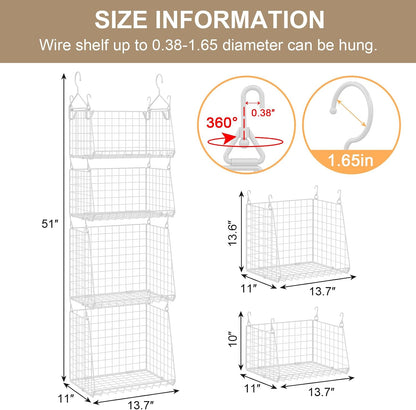 4-Tier Hanging Laundry Room Organizer: Foldable Wire Shelf Basket with 2 Large Hooks 1.65" & 360°Rotating Hooks – Space-Saving Laundry Storage Basket, for Wardrobe Closet Storage, White Patent