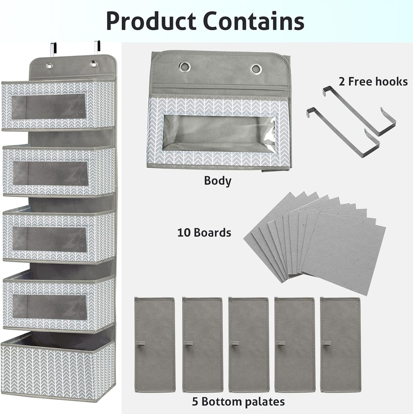 Over The Door Hanging Organizer Storage with 5 Large Pockets,Wall Mount Clear Windows and 2 Widened Metal Hooks for Pantry,Nursery,Diapers,Bathroom,Kitchen,Closet,Dorm