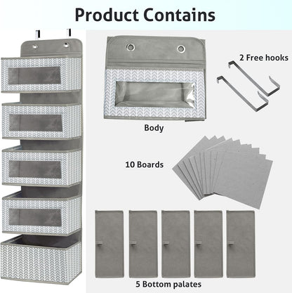 Over The Door Hanging Organizer Storage with 5 Large Pockets,Wall Mount Clear Windows and 2 Widened Metal Hooks for Pantry,Nursery,Diapers,Bathroom,Kitchen,Closet,Dorm