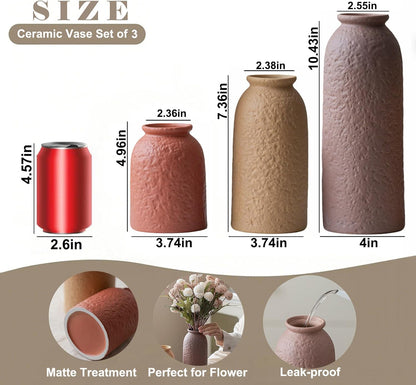 Ceramic Vase Set-3, Small Flower Vases for Decor, Modern Boho Farmhouse Style, Decorative Vases for Pampas Grass & Dried Flowers, Distressed Finish (Beige)
