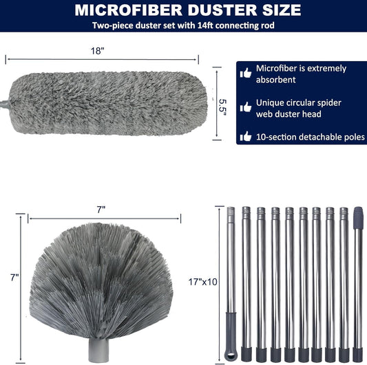 20 Ft+ High Reach Cobweb Dusting Kit with 3-14 Ft Extension Pole/Spider Web Brush & Ceiling Duster Microfiber Feather Duster with Washable Head for Cleaning Ceiling Fan, Furniture, Home