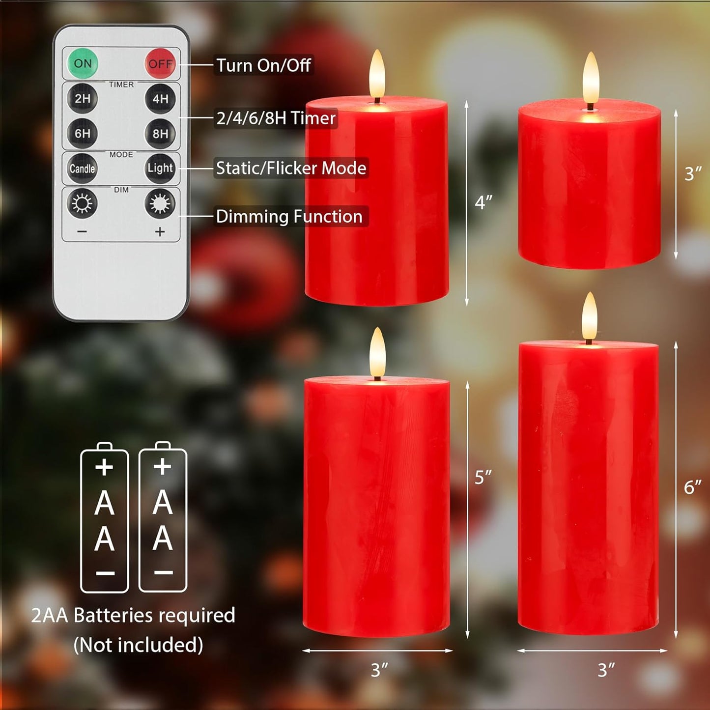 Flickering Flameless Candles, Real Wax Battery Operated Candles with Remote, Flat Top Led Flameless Pillar Candles for Home, Wedding, Party Decor, Set of 4, Φ 3" H 4" 5" 6" 8", Ivory