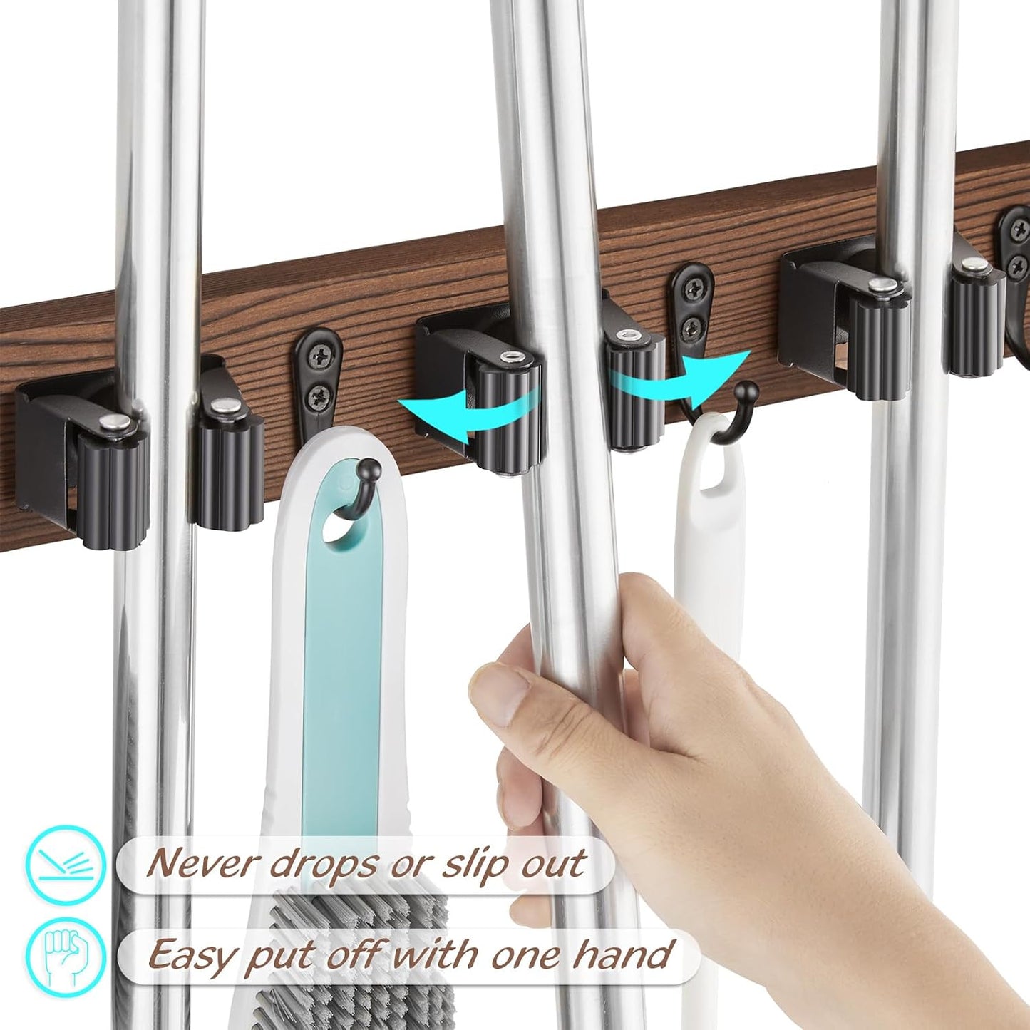 OUTNILI Mop and Broom Holder Wall Mount - Wood Broom Mop Hanger - Wall Mounted Garden Tool Rack Organizer for Closet Garage Laundry Room for Rustic Kitchen Decor With 5 Slots & 4 Hooks