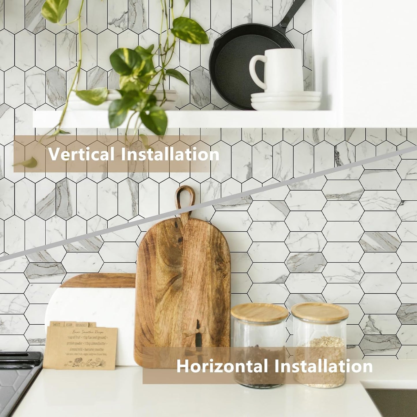 Vamos Tile Long Hexagon Peel and Stick Backsplash Tile - 10 Sheets Stick on Backsplash for Kitchen and Bathroom 12.4 x 12 Inch Glossy Wood Grain PVC Self Adhesive Mosaic Wall Tiles