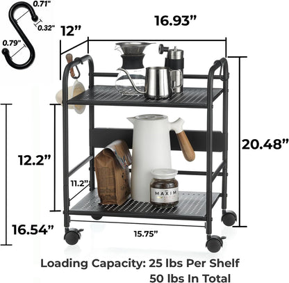 2-Tier Metal Rolling Cart, Compact Under Desk Storage Organizer | 12.2" clearance fits binders & tall bottles; anti-drop safety guard; small space mobile shelf for home, bedroom & office.