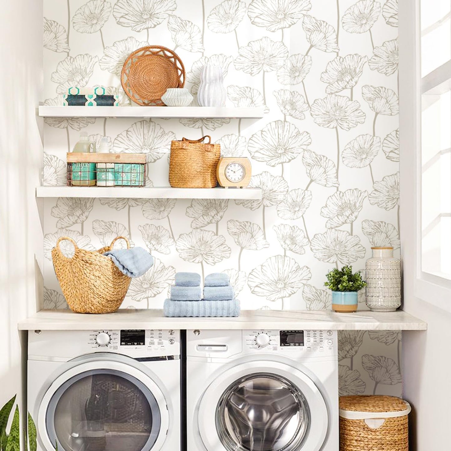 Orainege Modern Peel and Stick Wallpaper 17.3inx118.1in Beige and White Floral Wallpaper Boho Contact Paper Removable Decorative Wall Paper for Bedroom Bathroom Cabinets Decor Vinyl