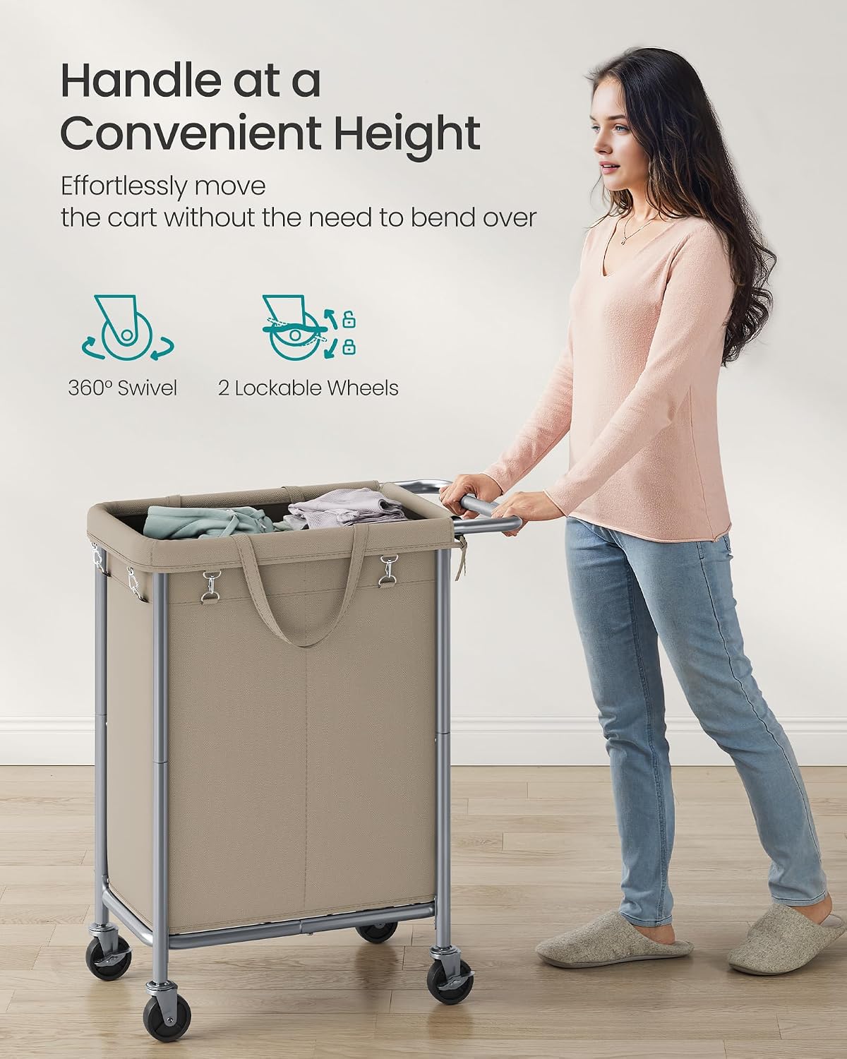 SONGMICS Laundry Basket with Wheels, 3-Section Rolling Laundry Hamper, 52.8 Gallons (200 L), Removable Liner, Steel Frame with Handle, 35.8 x 15.4 x 31.9 Inches, Cream White URLS005W01