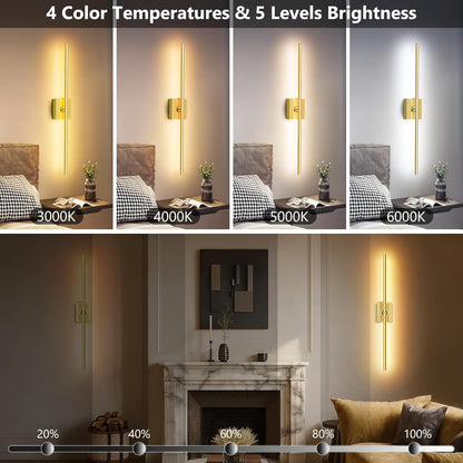 Eneru Battery Operated Wall Sconce Lights - 10000mAh Rechargeable Wireless Wall Sconces Set of Two with Touch and Remote, 360° Rotate, 4 Colors LED Wall Lamp for Living Room Bedroom Hallway (Gold)