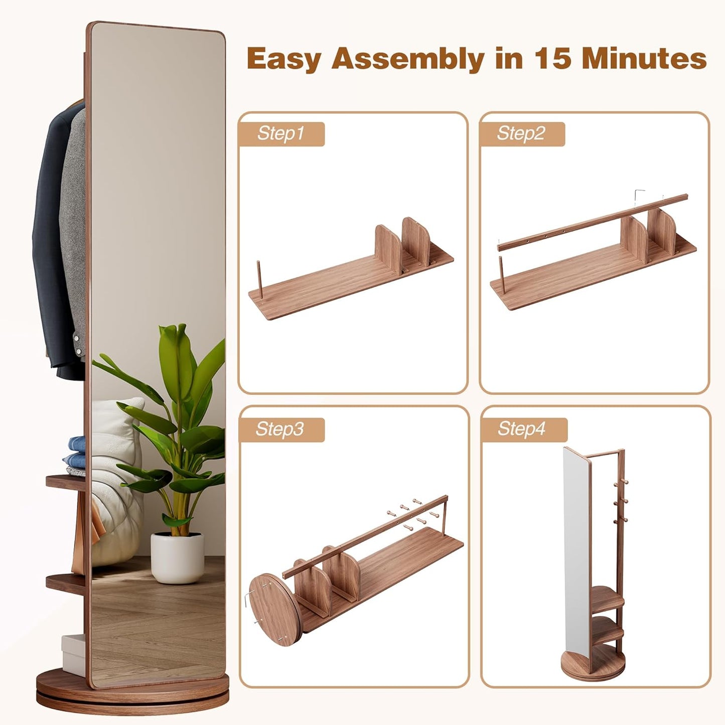 Full Length Mirror with Coat Rack & Storage, 360° Rotating Solid Wood Standing Floor Mirror with Shelves for Bedroom, Entryway, Dressing Room (Natural Wood, 66" x 18")