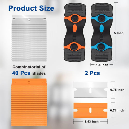 Aisoso Razor Scraper Tool 2 Pack, Razor Blade Scraper Tool with 20pcs Plastic Blades and 20pcs Metal Scraper Blades, Paint Scraper for Glass, Decals, Wallpaper, Stickers