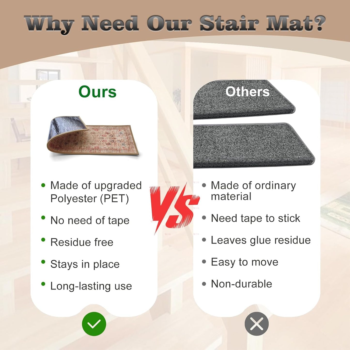 Non Slip Stair Treads for Wooden Steps, 15 Pack 8"x30" Washable Carpet | 8x30 in soft chenille polyester stair treads with reusable TPE backing for indoor wood stairs, dogs, kids, and seniors
