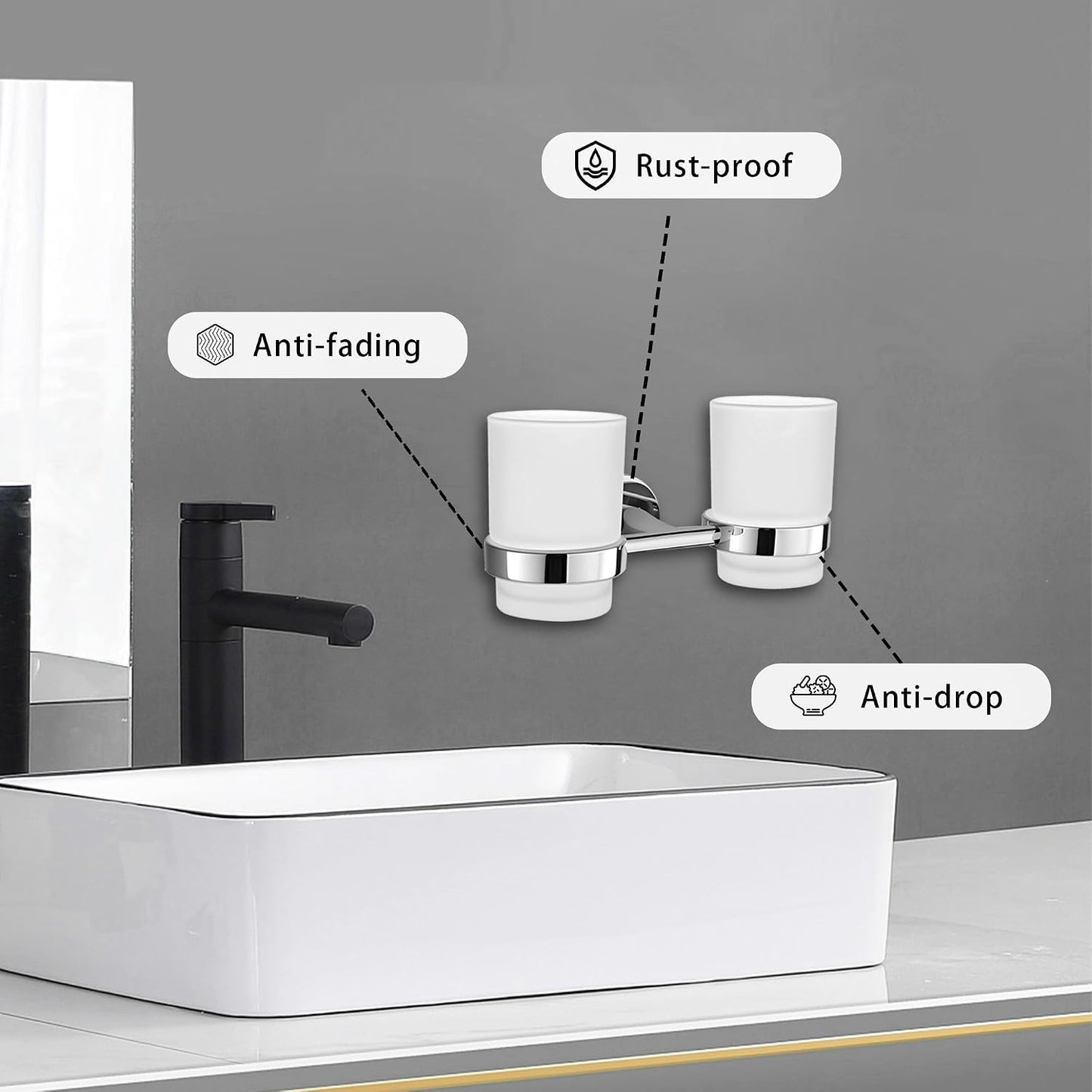 Bathroom Toothbrush Holders Set - Wall Mounted Tooth Brush Holder with Glass Toothpaste Cup, Stainless Steel Toothbrush Caddy Storage for Kids & Adult (Single)