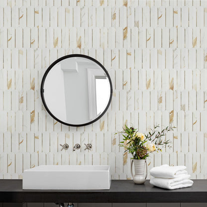 Vamos Peel and Stick Backsplash Seamless Tile for Kitchen and Bathroom,White and Beige Slate PVC Mixed Light Gold Self Adhesive Fish Scale Metal Mosaic Tiles (10 Sheets)