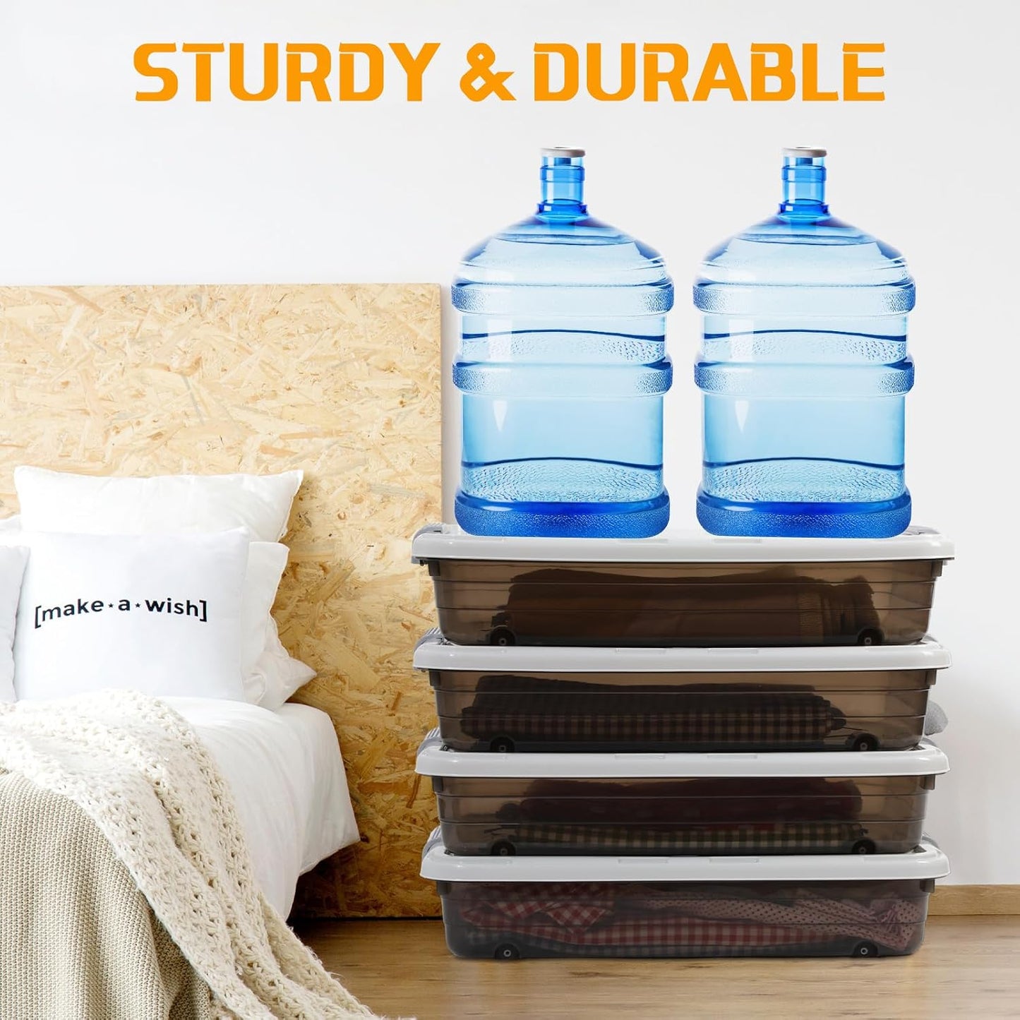 Beeveer 4 Pcs Plastic Under Bed Storage Containers with Lid Wheel Handle, Transparent Large Capacity Stackable Latching Storage Bins for Closet Bedroom Clothes Shoes Blanket(23.7 x 15.8 x 5.2,White)