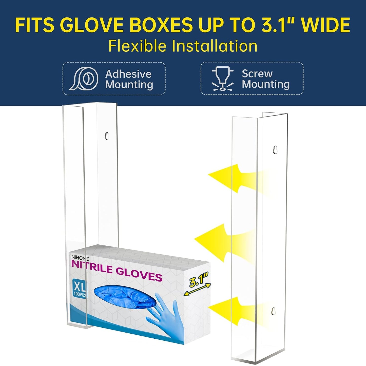 NiHome 2-Tier Clear Acrylic Glove & Tissue Box Holder Dispenser, Wall Mount | Space-Saving Glove Box Dispenser, Adjustable Organizer for Tissues, Baby Wipes, Adhesive or Screw Mount for Kitchen, Bathroom