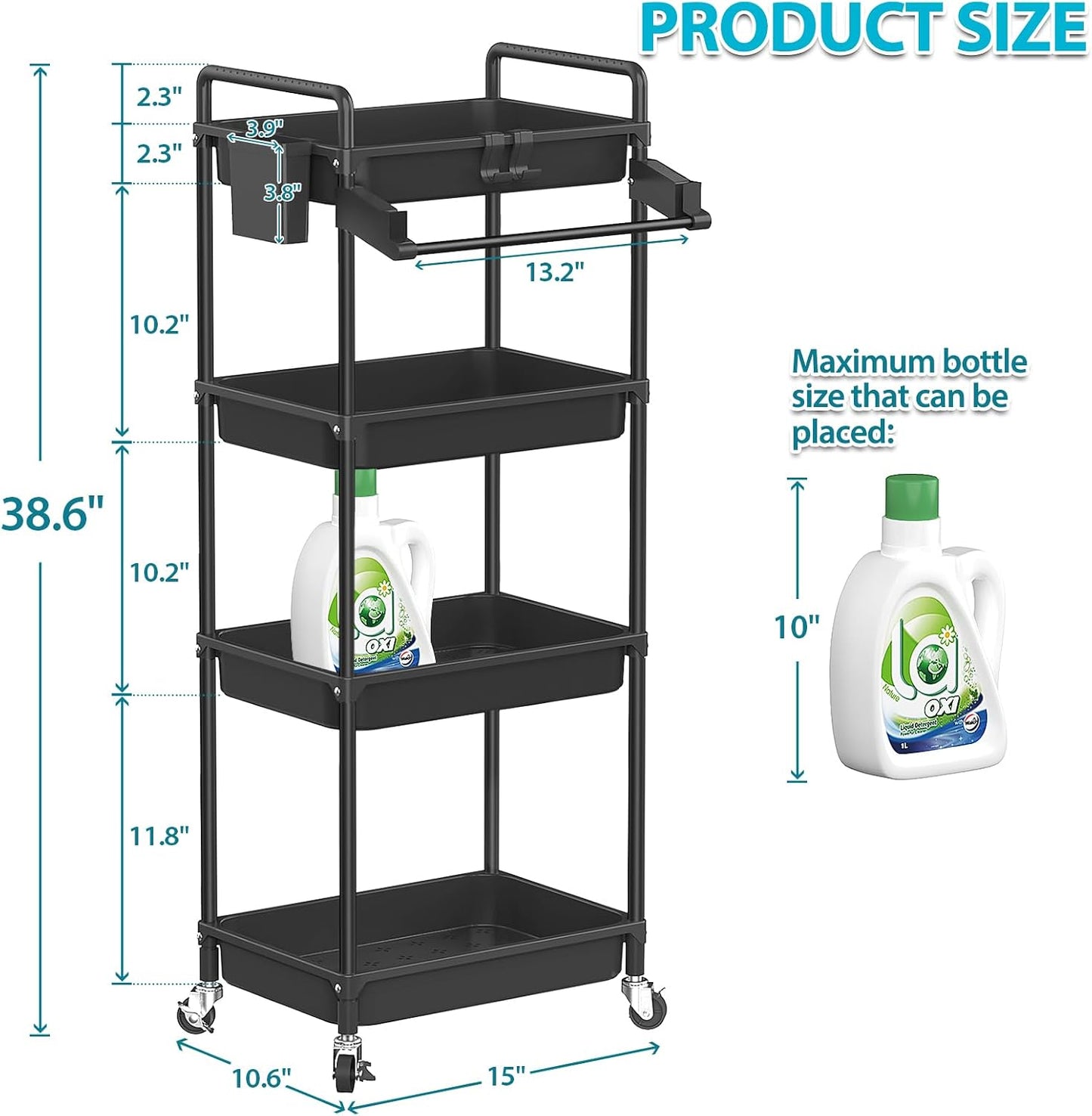 SPACEKEEPER Rolling Storage Cart, 4-Tier Bathroom Organizer Utility Cart Laundry Room Organization Mobile Shelving Unit with Towel Rack, Lockable Wheel, Hooks & Cup for Kitchen Bedroom Office, White