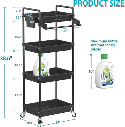 SPACEKEEPER Rolling Storage Cart, 4-Tier Bathroom Organizer Utility Cart Laundry Room Organization Mobile Shelving Unit with Towel Rack, Lockable Wheel, Hooks & Cup for Kitchen Bedroom Office, White