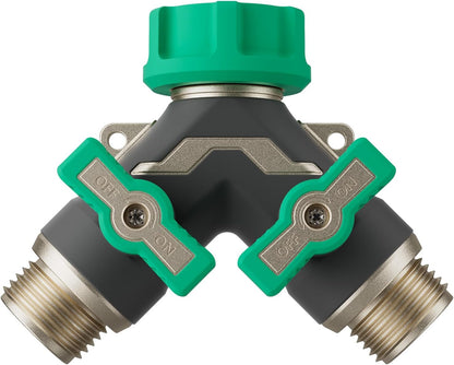 Restmo Heavy Duty 2 Way Y Garden Hose Splitter, Full Metal Body Full Flow Hose Splitter with Oversized Ball Valve, Extended Lever 3/4" GHT Outdoor Faucet Spigot Adapter for Garden Watering RV, Green