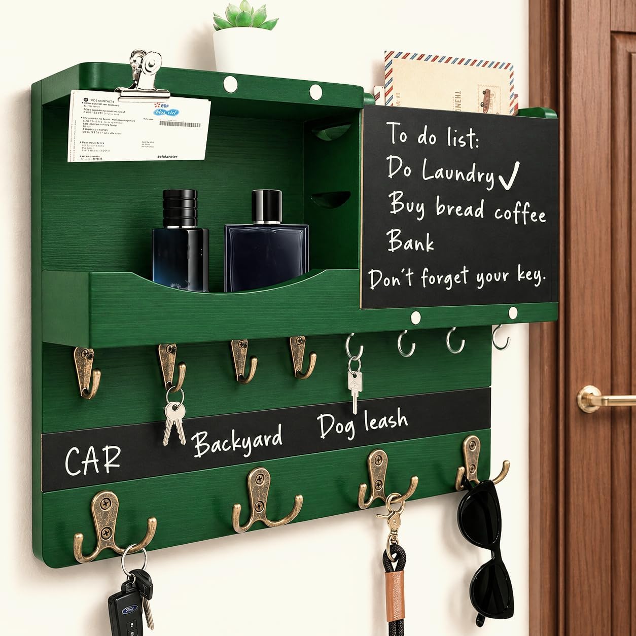 Key Holder for Wall Mount with Shelf and Mail Organizer, Key and Mail Holder with 16 Hooks, Farmhouse Entryway Organizer, Home Decor Rack (Pine Wood, Black)